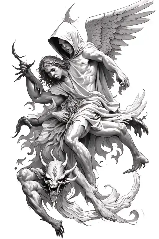 Hooded Arch Angel Defeating A Demon
