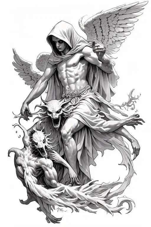Hooded Arch Angel Defeating A Demon