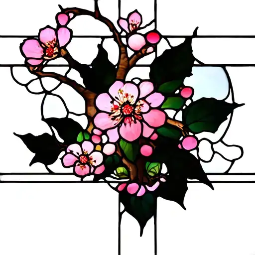 Stain Glass Window With Cherry Blossom Tree