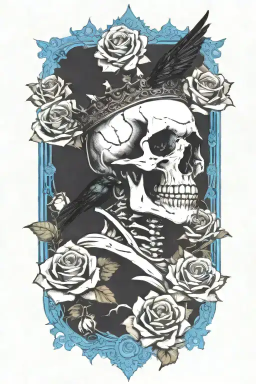 Skull Wearing Crown With Raven On Skull And Blue Roses