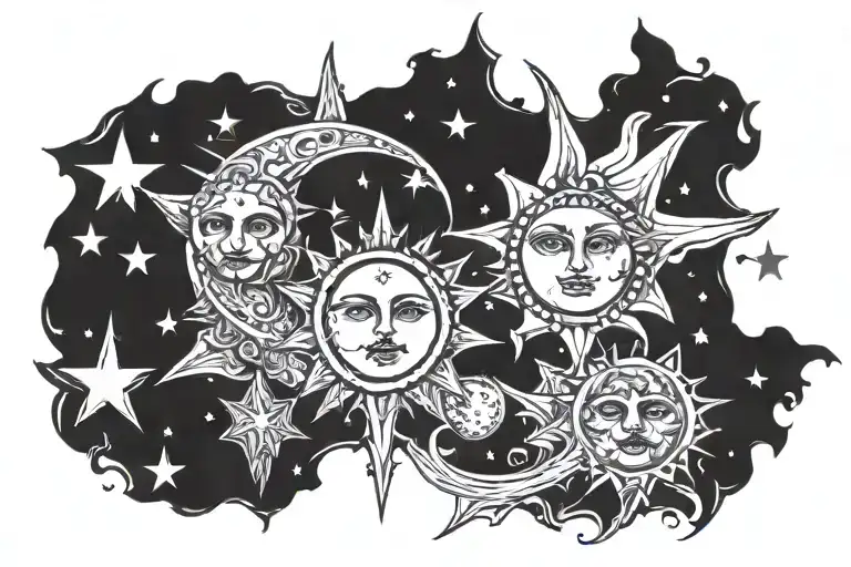 Sun And Moon Surrounded By Stars