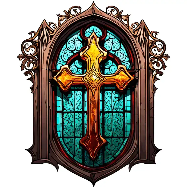 Gothic Cathedral Stained Glass Window With Orthodox Cross