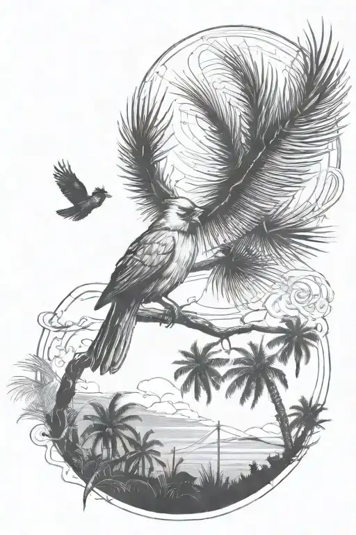 Cardinal Flying Towards A Palm Tree