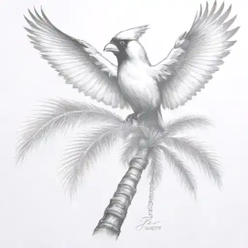 Flying Cardinal And Palm Tree