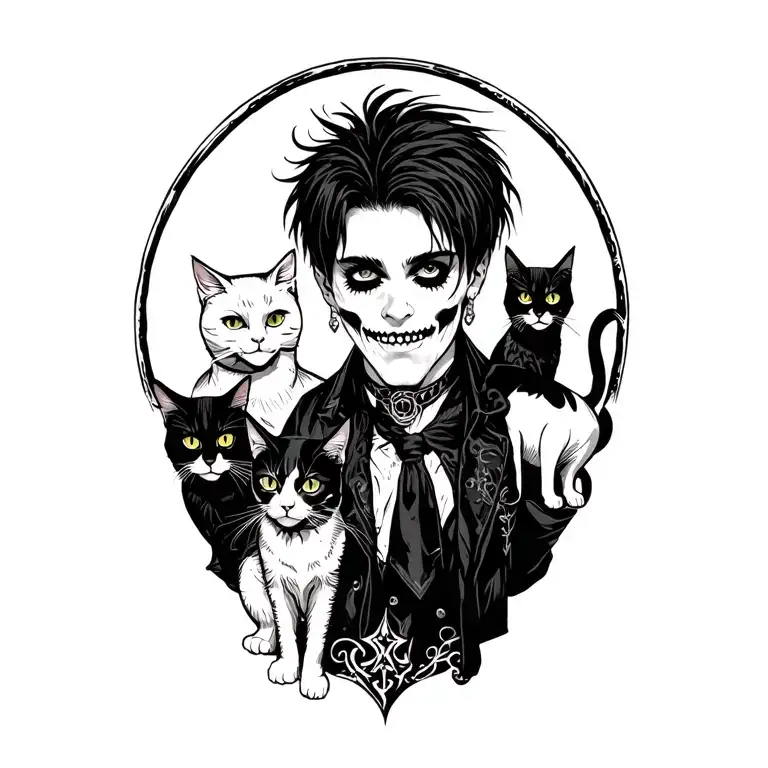 Happy Punk Rock Young Man With Gang Of Cats