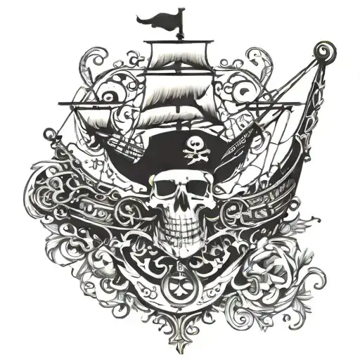 Pirate Ship With Skull And Compass