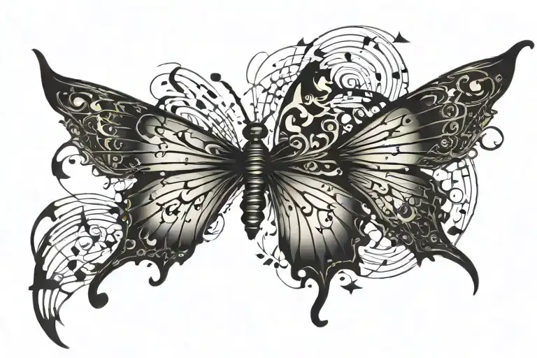 Butterfly With Ripped Wings And Music Notes Flowing