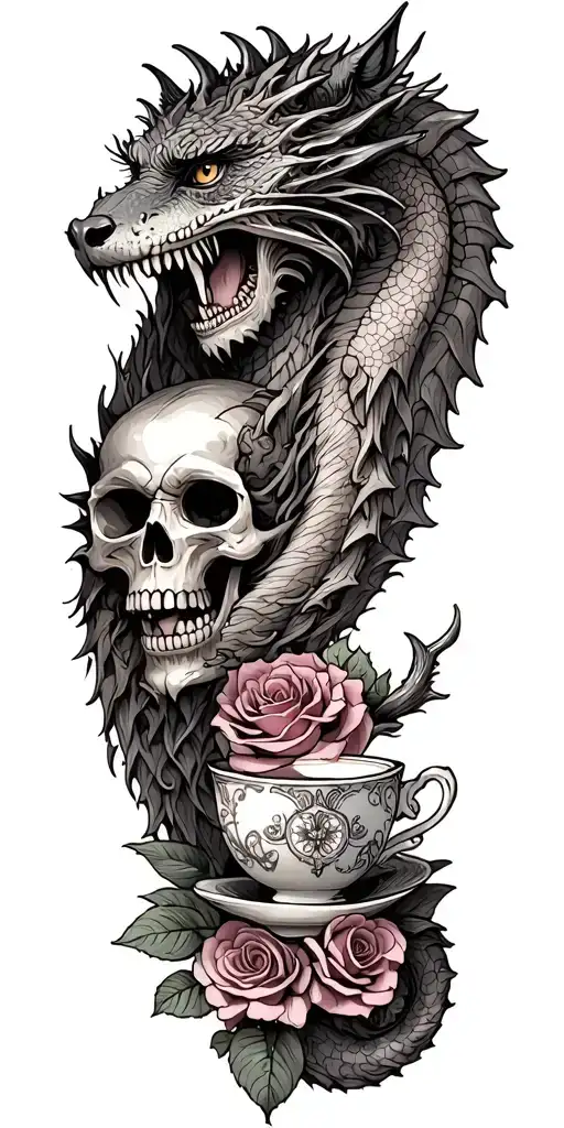 Replace Dragon With Cheshire Cat And Skulls With Tea Cup And Rose