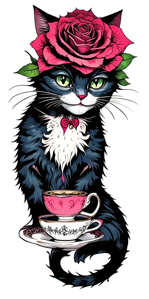 Cheshire Cat With Tea Cup And Rose