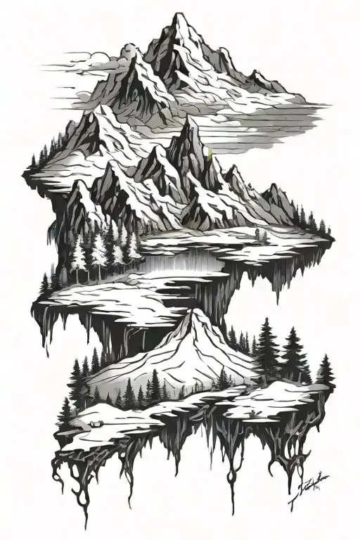 Snow Mountain Peak Going Into River