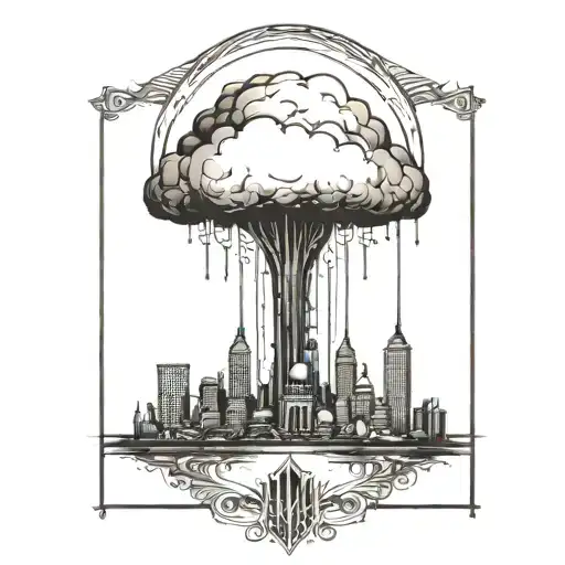 An Abstract Nuclear Explosion Mushroom Cloud Destroying A Major City In An Abstract Black Line Frame