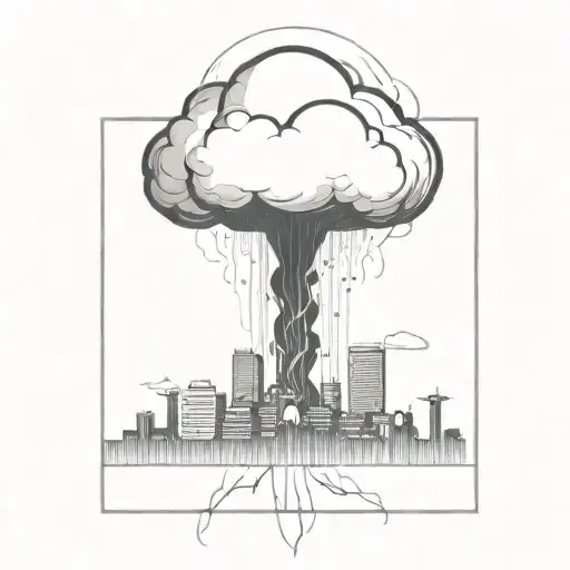 An Abstract Nuclear Explosion Mushroom Cloud Destroying A Major City In An Abstract Black Line Frame