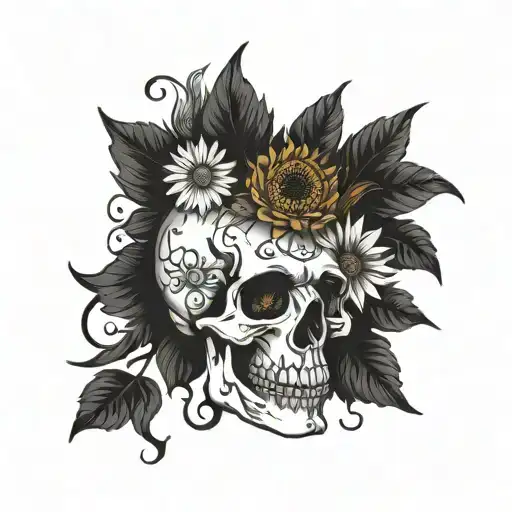 Skull With Sunflowers And Daisy Flowers