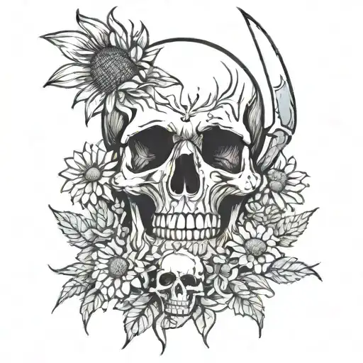 Knife Into Skull With Sunflowers And Daisy Flowers