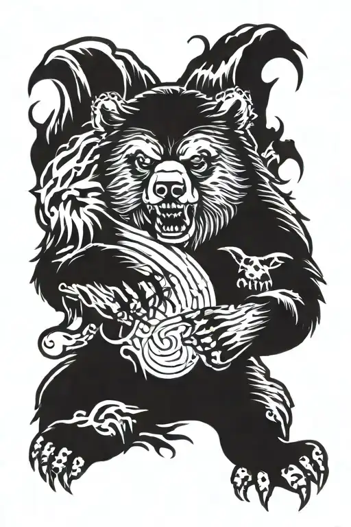 Bear In Rage On Shoulder Behind Mountain River Taiga