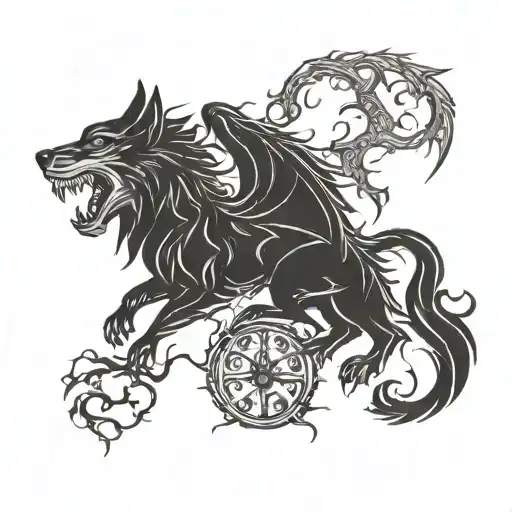 Fenrir Fighting Fafnir With The World Tree In Flames Behind Them