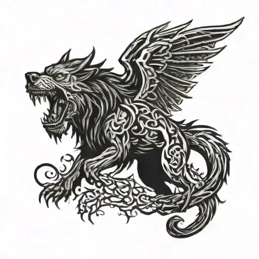 Fenrir Fighting Fafnir With The World Tree Behind Them