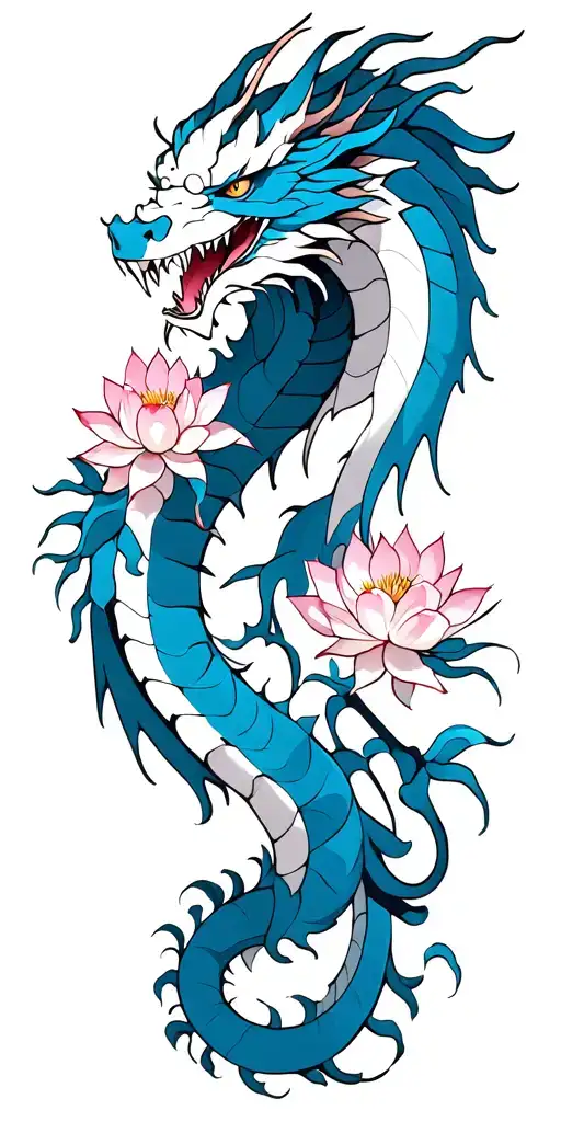White And Blue Dragon With Lotus Blossom And Cherry Blossom Tree