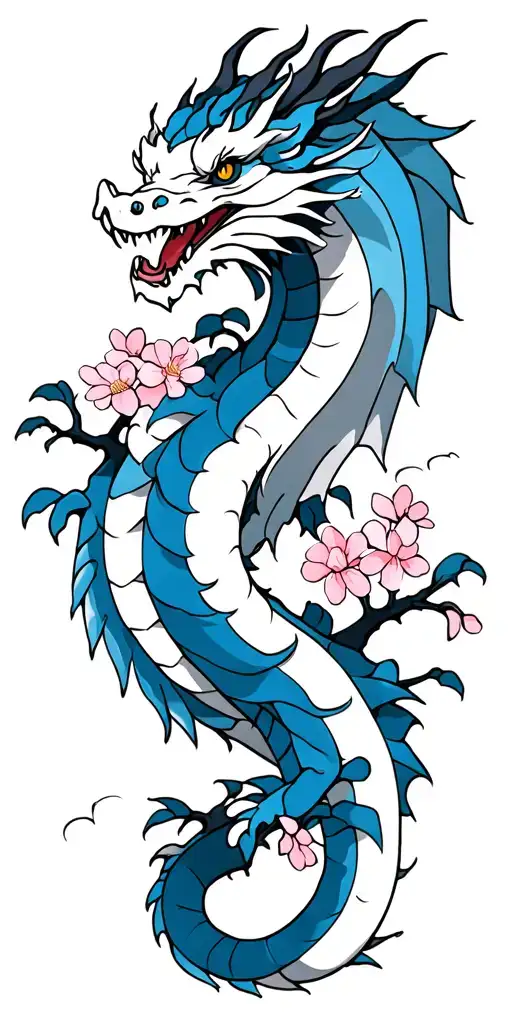 White And Blue Dragon With Cherry Blossom Tree