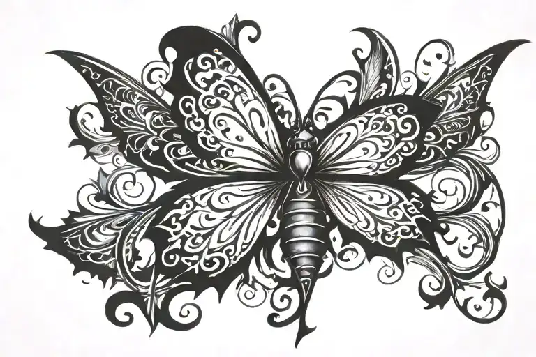 A Butterfly Tattoo With Four Wings And One Wing Is Shape Like A Heart And Is Colored In
