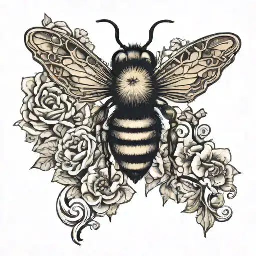 Bee Profile And Flowers Shaped Like Half A Heart Made