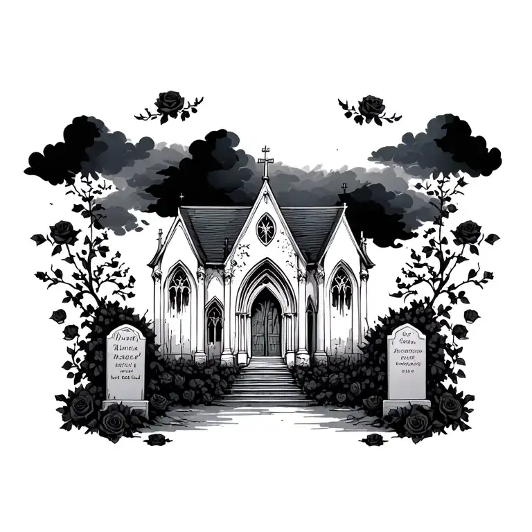 Church Abandoned With Dark Clouds And Grave Stones And Black Rose Bushes