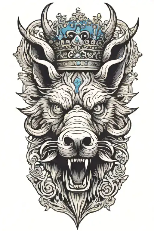 Angry Boar Head With Wings Wearing A Crown With Blue Eyes