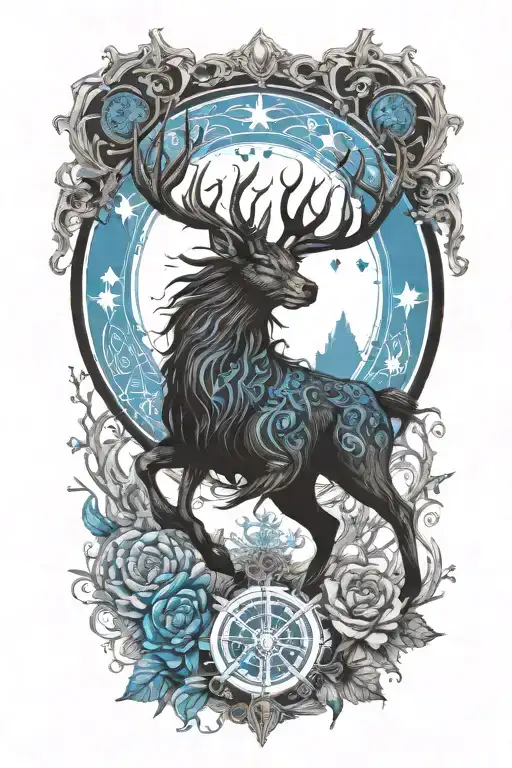 Crossover Stag With Kirin Blue Dragon Whit Dharma Wheel In Nature With 26 Little Stars