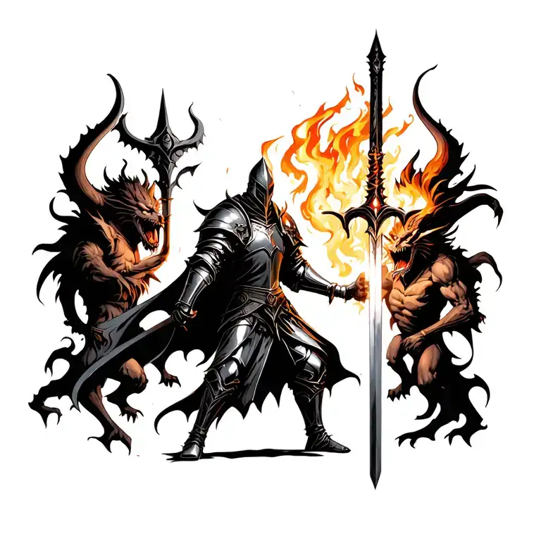 Knight Fighting Demons With A Flaming Sword