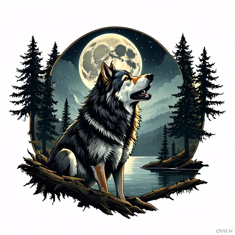 Adult Wolf Howling At The Moon In The Distance With Forest Lake Behind