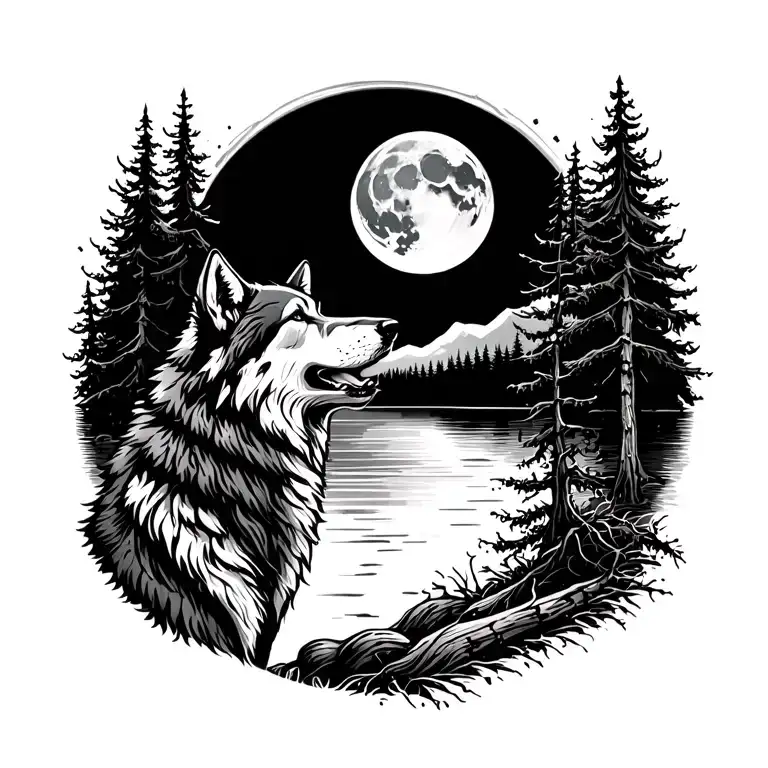 Adult Wolf Howling At The Moon In The Distance With Forest Lake Behind