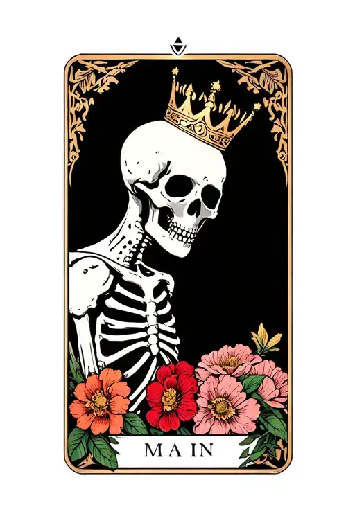Tarot Card With Skeleton With Crown On And Flowers Goth