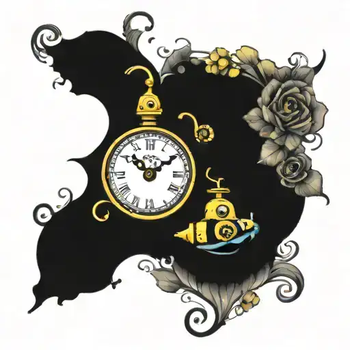 Yellow Submarine With Flowers Colorful And Clocks