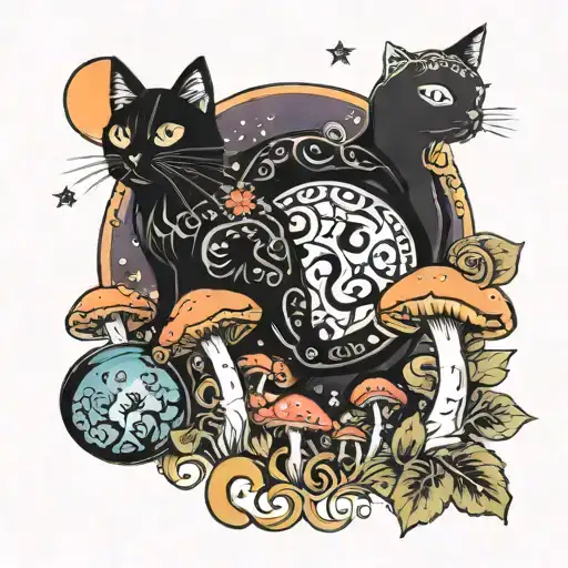Black Cat And Colorful Mushrooms With Moon And Stars