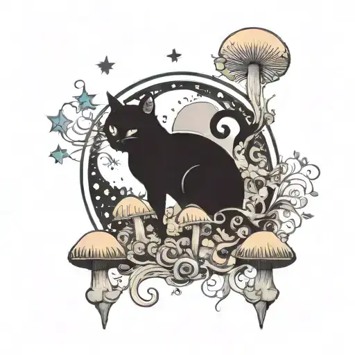 Black Cat And Colorful Mushrooms With Moon And Stars