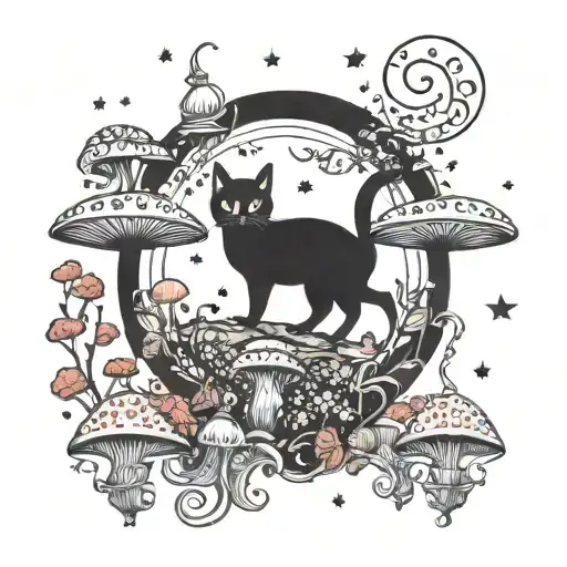 Black Cat And Colorful Mushrooms With Moon And Stars