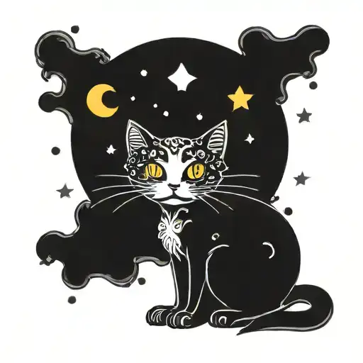 Black Cat And Colorful Mushrooms With Moon And Stars