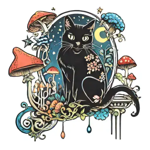 Black Cat And Colorful Mushrooms With Moon And Stars