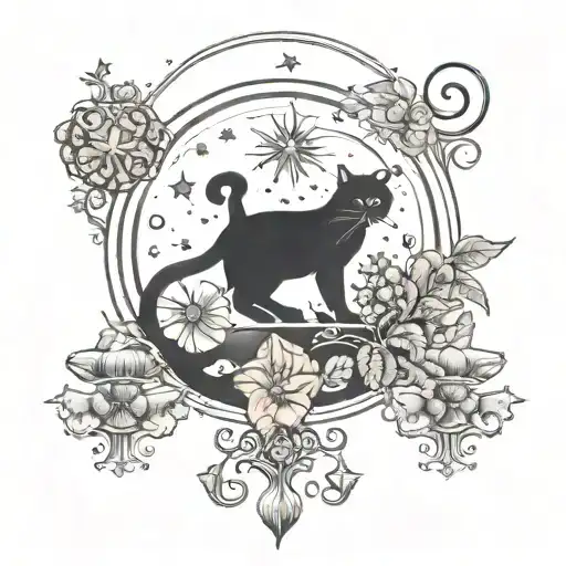 Black Cat And Colorful Mushrooms With Moon And Stars