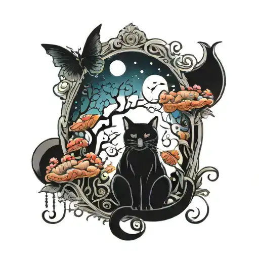 Black Cat And Colorful Mushrooms With Moon And Stars