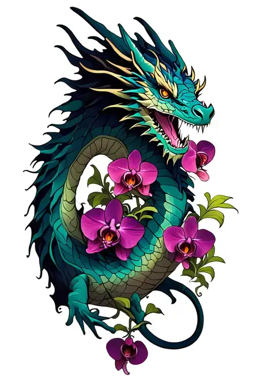 Dragon With Orchids Intertwined