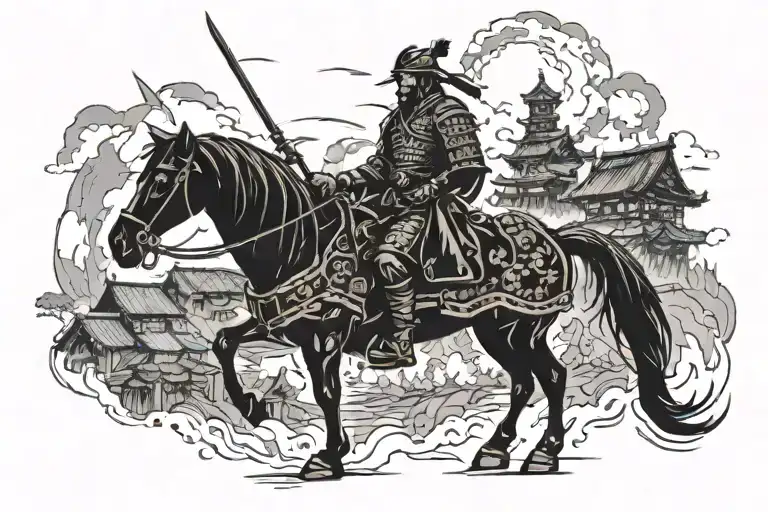 A Samurai Stands Against The Background Of A Burning Village After A Battle
