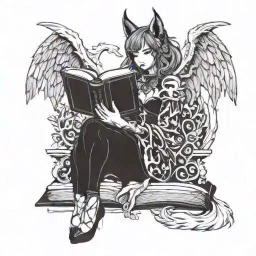 Winged Demonic Anthro Sexy Kitsune Girl Holding Open Book