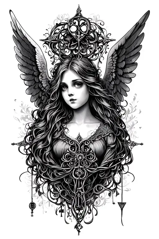 Innocent Female Angel Whimsical Design Incorporating Symbols