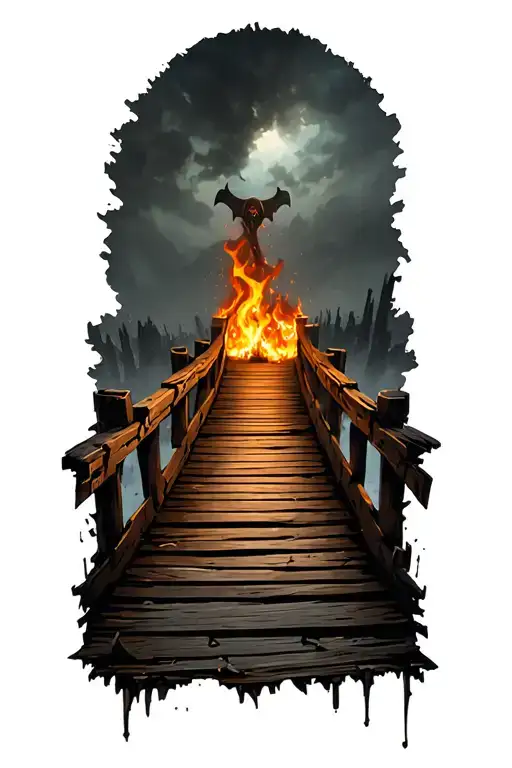 Old Worn Down Wooden Bridge With A Reaper Far Away Nearly Out Of Sight Broken Planks And Fire
