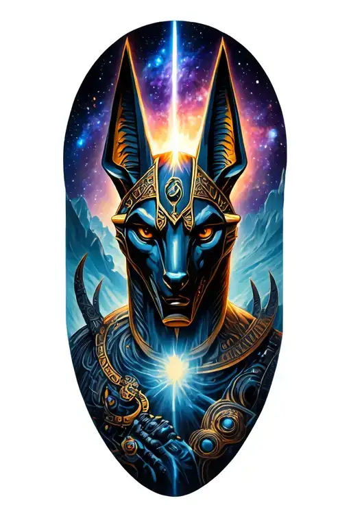 Galaxy Landscape With Technology Tattoo Featuring God Anubis