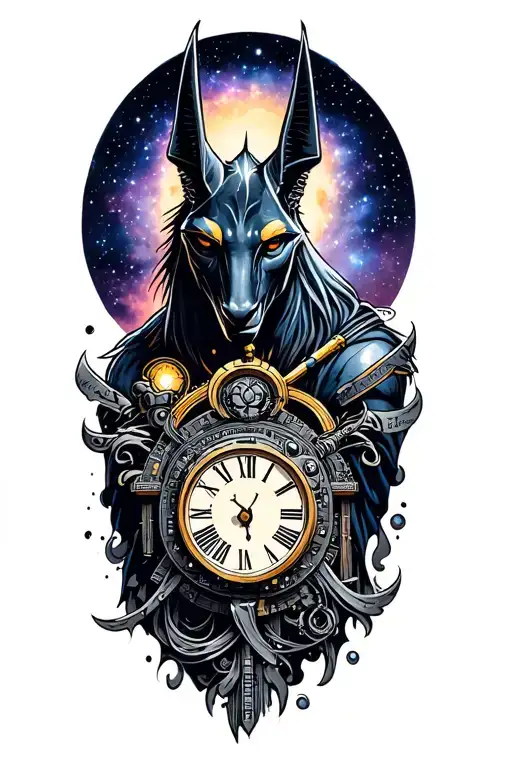 Galaxy Landscape With Technology Tattoo Featuring God Anubis And Clock