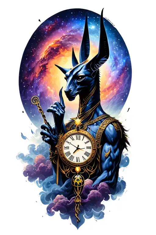 Galaxy Landscape With Technology And Cosmic Dust Clouds Featuring God Anubis And Clock
