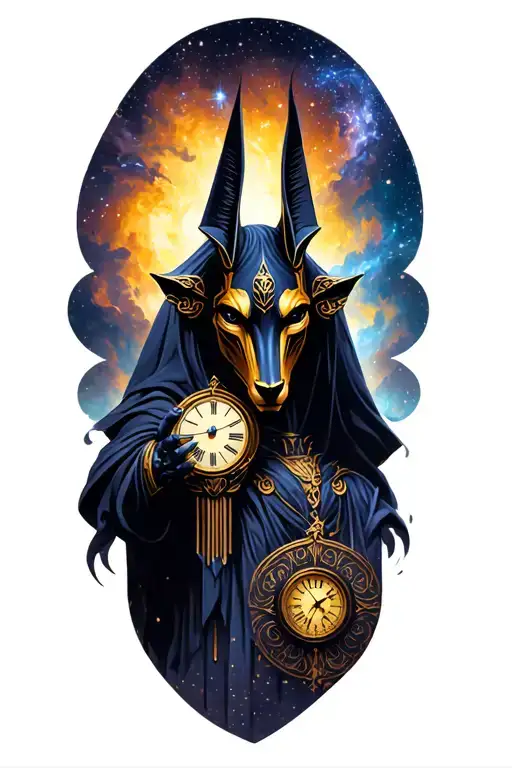 Galaxy Landscape And Cosmic Dust Clouds Featuring God Anubis And Clock