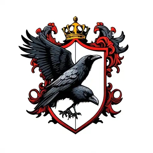 Coat Of Arms Style Shield With A Flying Crow Carrying A Crown In The Center Of The Shield